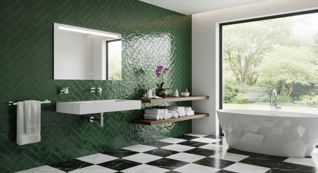Bathroom featuring bold statement tiles with modern fixtures and contemporary styling