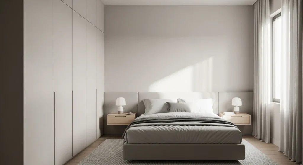 Small bedroom with built-in wardrobe seamlessly integrated into the wall for a clean look