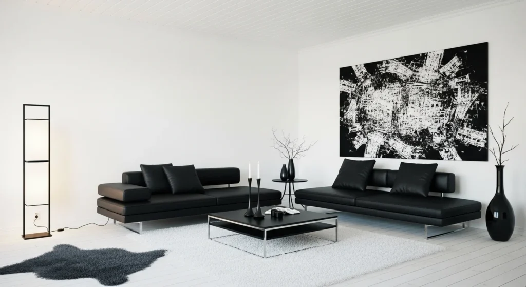 Modern white living room with black accent lighting and decor creating a clean contrast