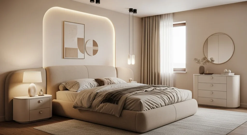 Neutral bedroom featuring a curved upholstered headboard and rounded furniture in soft tones