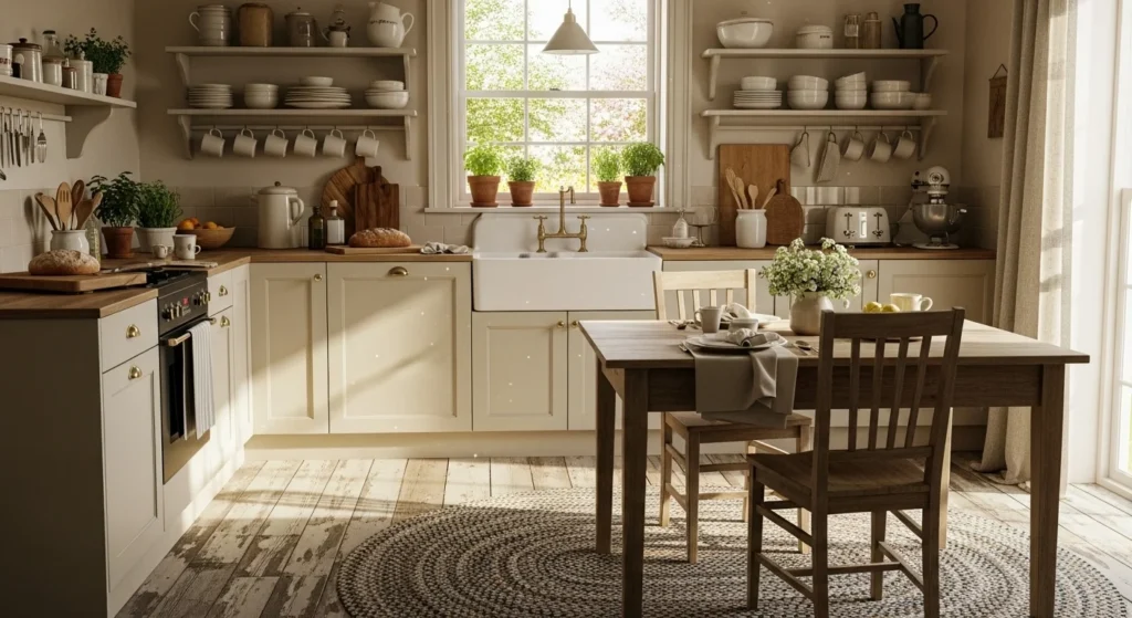 Cozy cottage-style kitchen with cream cabinets, open shelving, and warm natural daylight