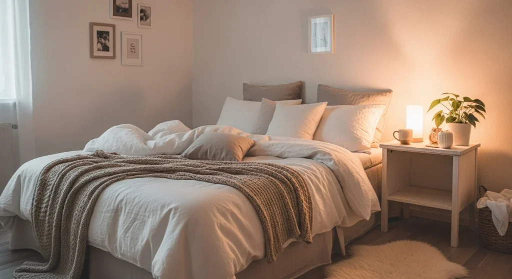 Aesthetic white girls bedroom with layered textures, soft bedding, warm lighting, and cozy styling