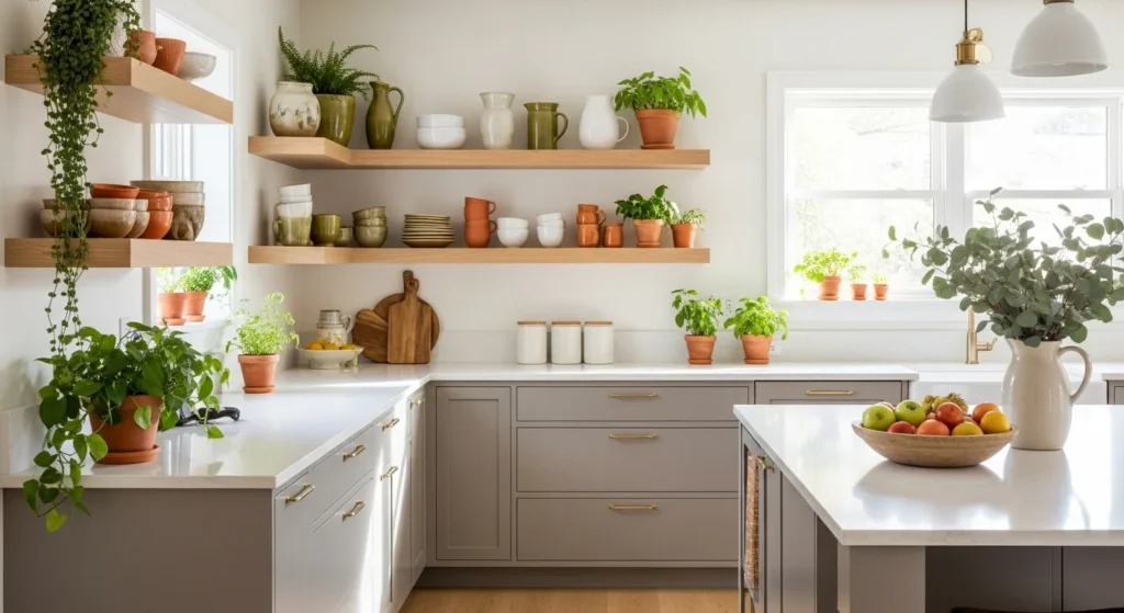Kitchen with open shelves styled using ceramics, plants, and minimal decorative items