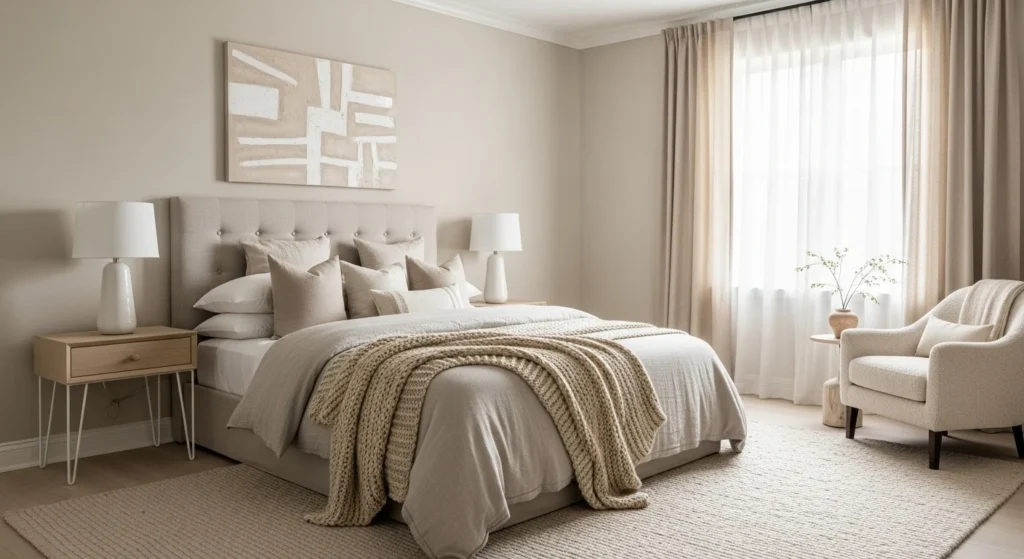 Luxury bedroom layered in beige and cream tones with textured fabrics and a calm, elegant interior