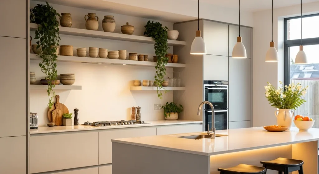 Modern kitchen with open shelves styled using ceramics, plants, and minimal decor