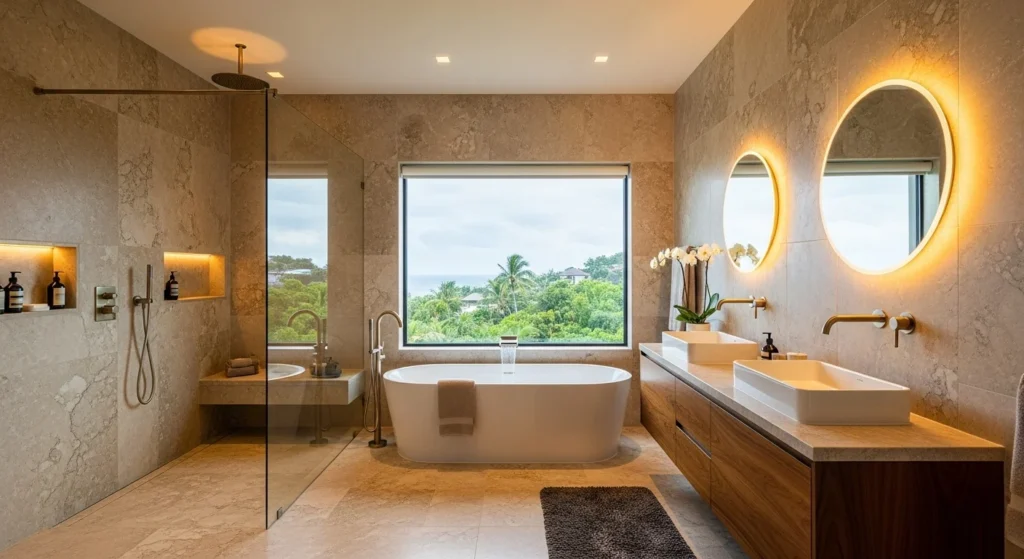 Luxury bathroom designed with natural stone walls and floors and elegant modern fittings
