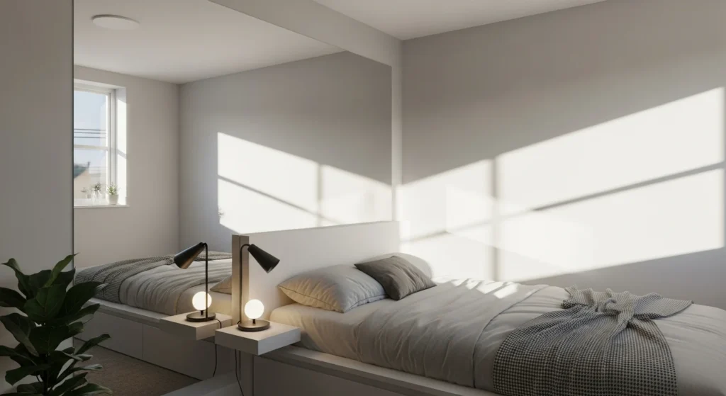 mall bedroom featuring a large mirror that reflects light and visually expands the space