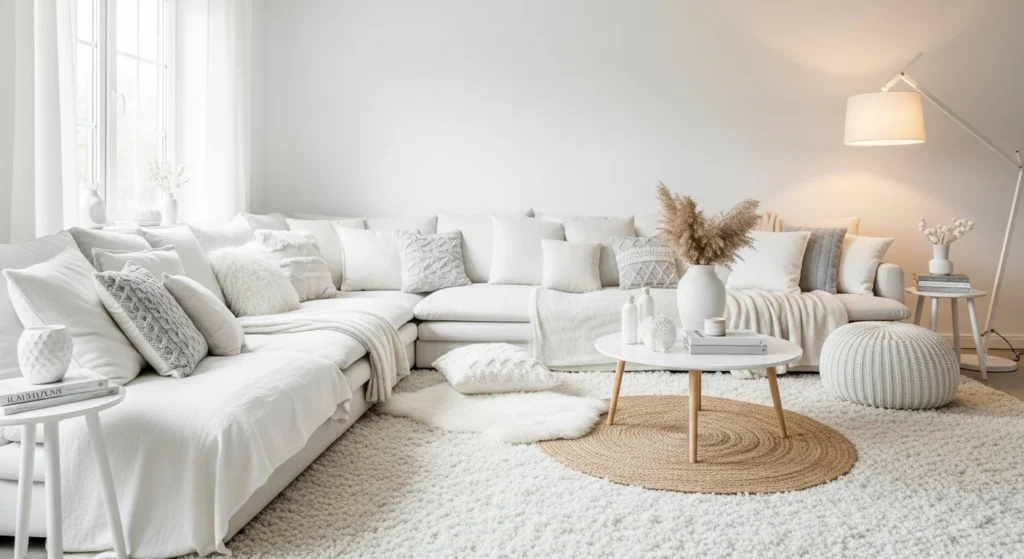 White living room styled with layered textiles, soft rugs, cushions, and cozy textures