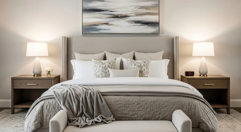 Hotel-style neutral bedroom with layered bedding, upholstered headboard, and warm lighting