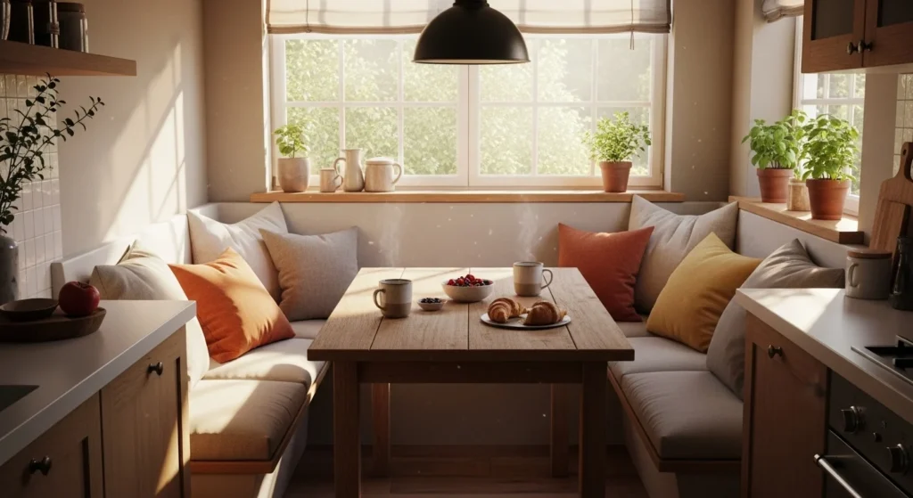 Cozy kitchen with a breakfast nook featuring built-in seating, soft cushions, and warm daylight