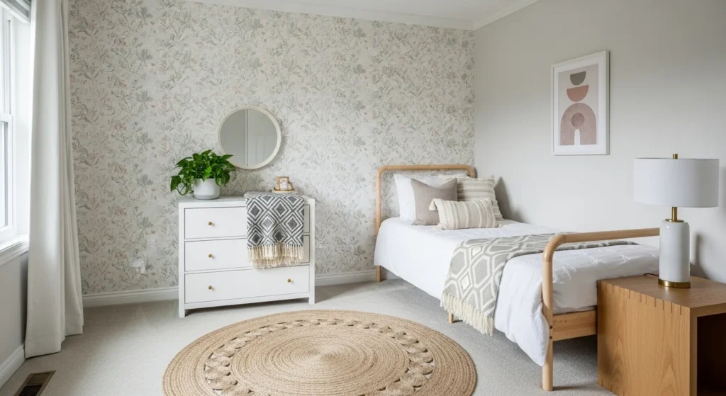 Girls bedroom featuring a soft statement wall with balanced decor and modern furniture