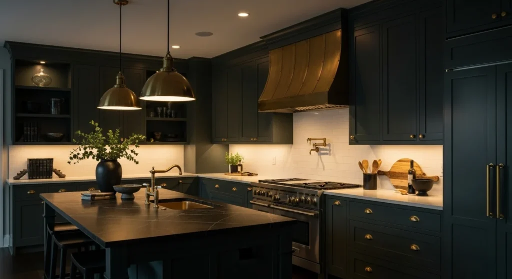 Dark kitchen with deep green cabinets, brass details, and warm ambient lighting