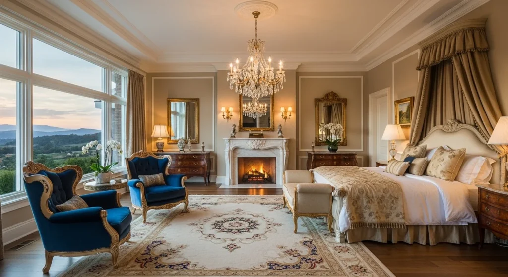 Spacious master bedroom featuring a seating area with armchairs, soft lighting, and a suite-style layout