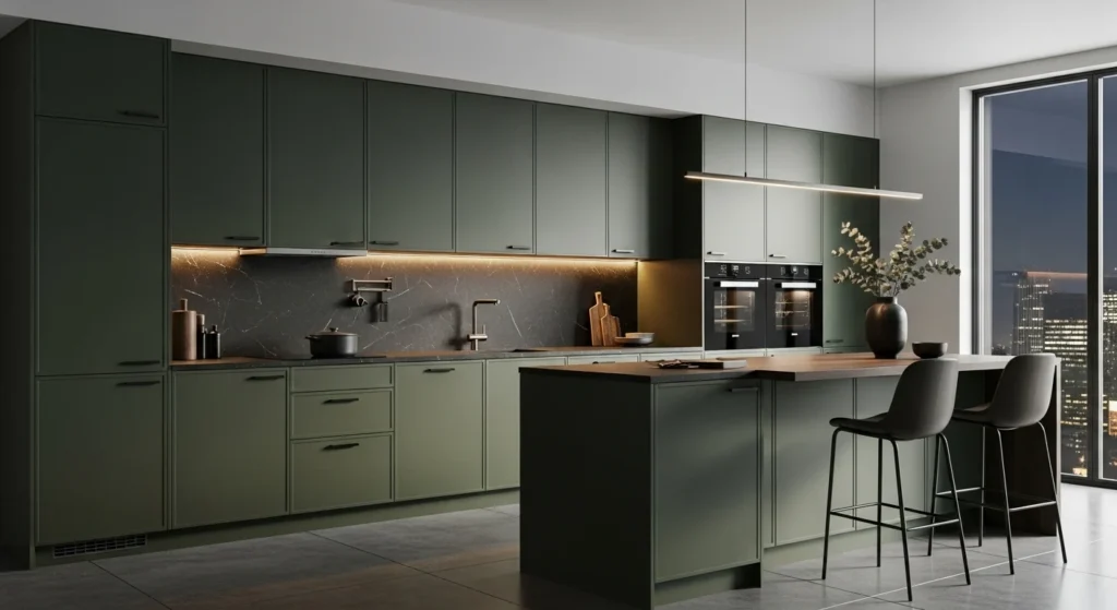 Dark modern kitchen with deep green cabinets, matte finishes, and warm ambient lighting