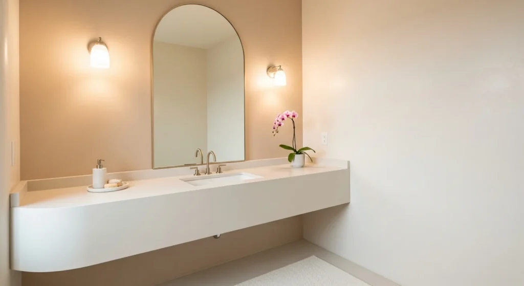 Bathroom with curved vanity and arched mirror in a soft neutral color palette