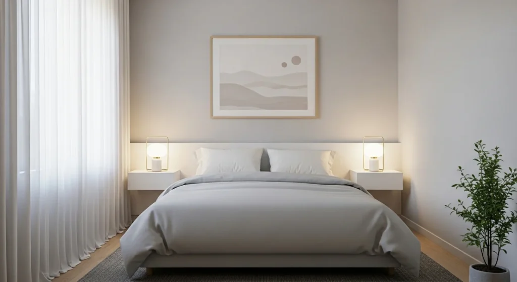 Small bedroom styled with minimalist decor, simple wall art, and uncluttered surfaces