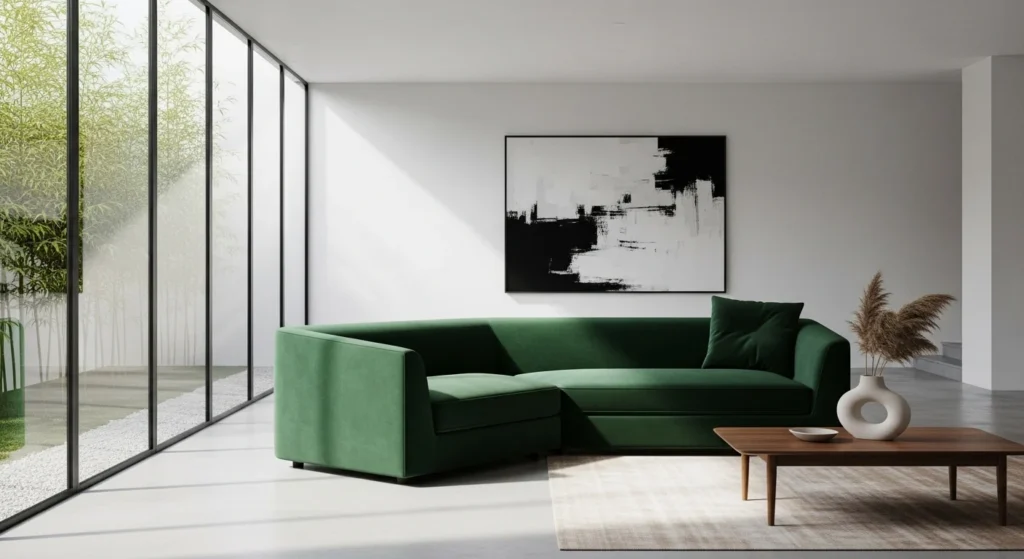 Modern white living room featuring a bold statement sofa and minimal surrounding decor