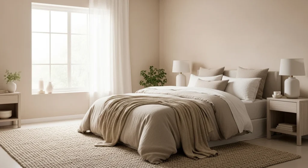 Neutral bedroom styled with soft linen bedding, light beige colors, and natural textures