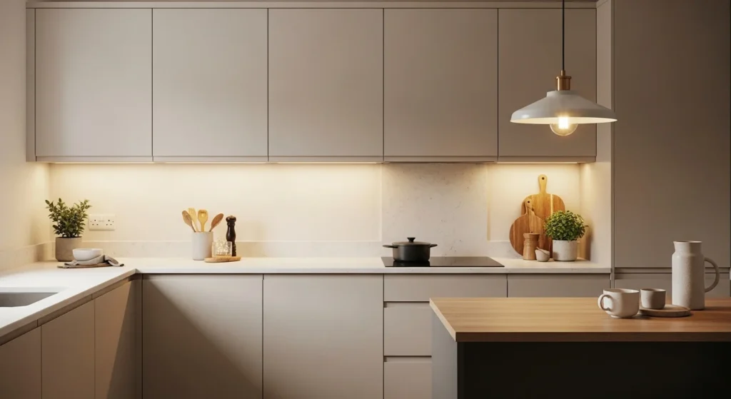 Cozy kitchen with matte finish cabinets, warm neutral tones, and soft ambient lighting