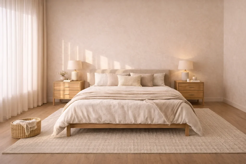 Warm minimalist bedroom with beige walls, low wooden bed, sheer curtains, and soft natural sunlight creating a calm and airy atmosphere