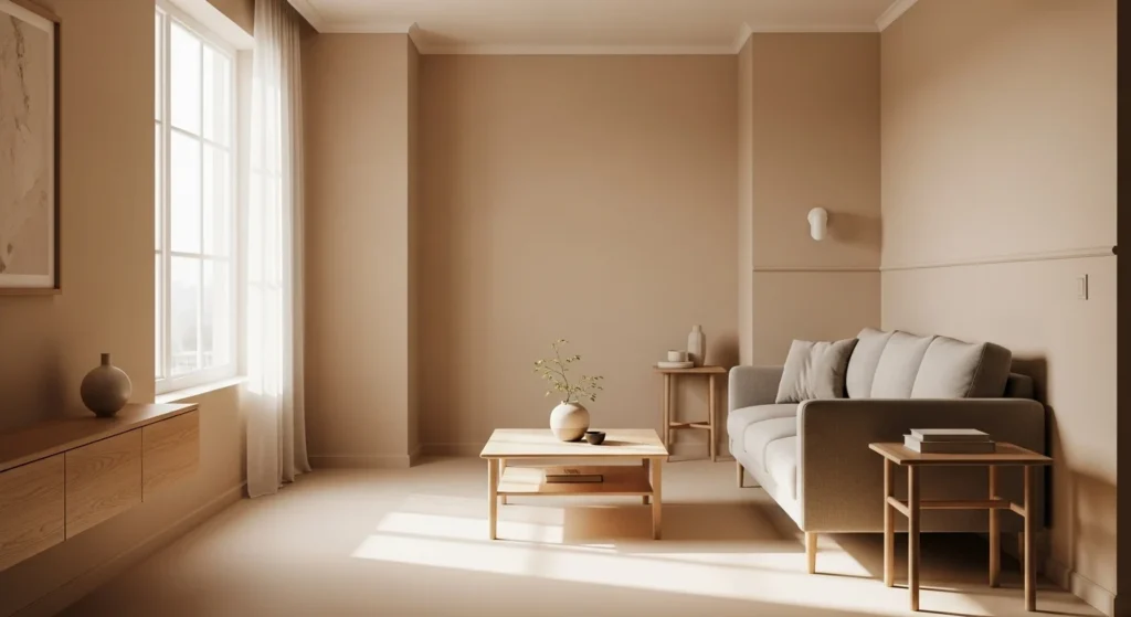 Warm minimalist apartment living room with beige walls, simple sofa, light wood furniture, and soft natural light