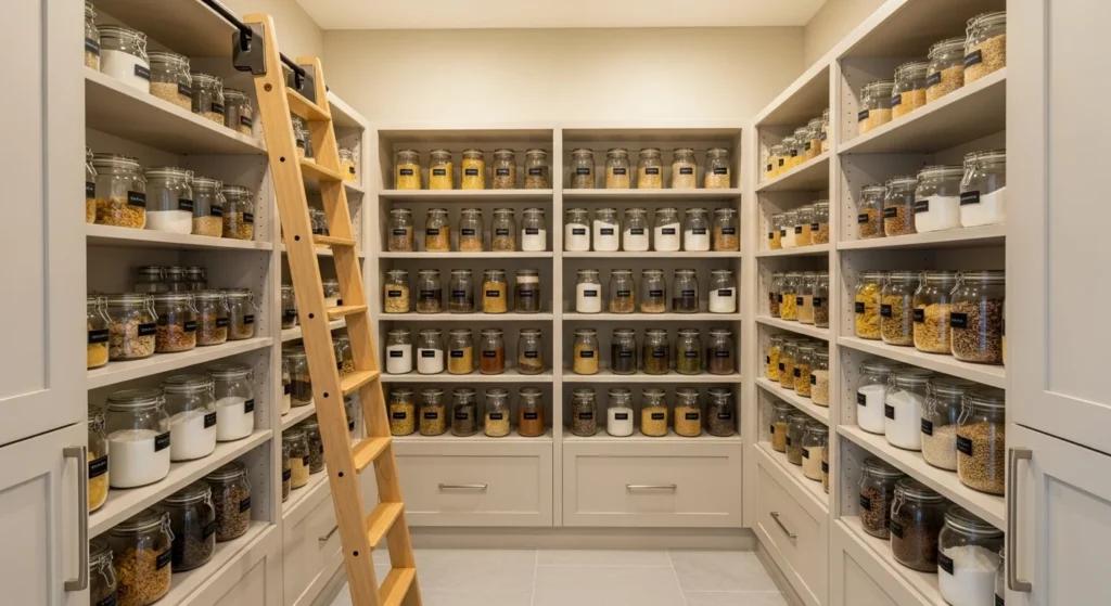 Small pantry with floor-to-ceiling shelving maximizing vertical storage in a compact kitchen