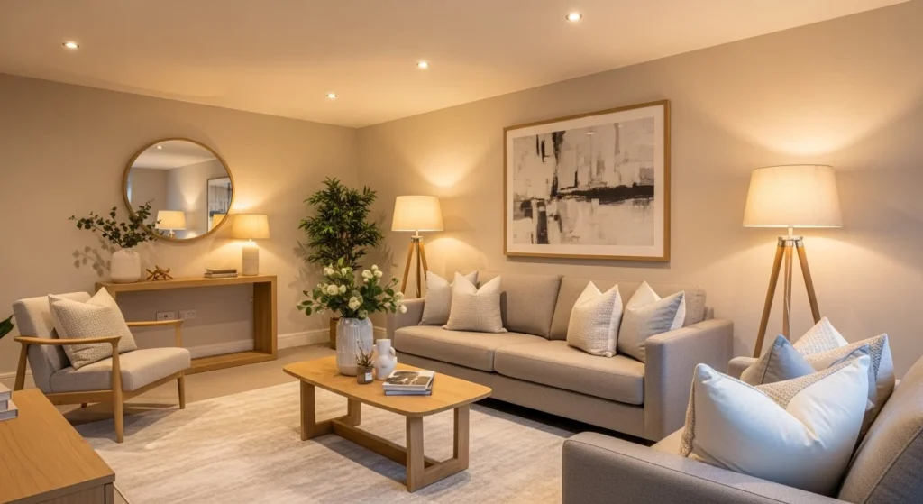 Soft greige living room with neutral sofa, warm lighting, light wood accents, and a cozy modern atmosphere