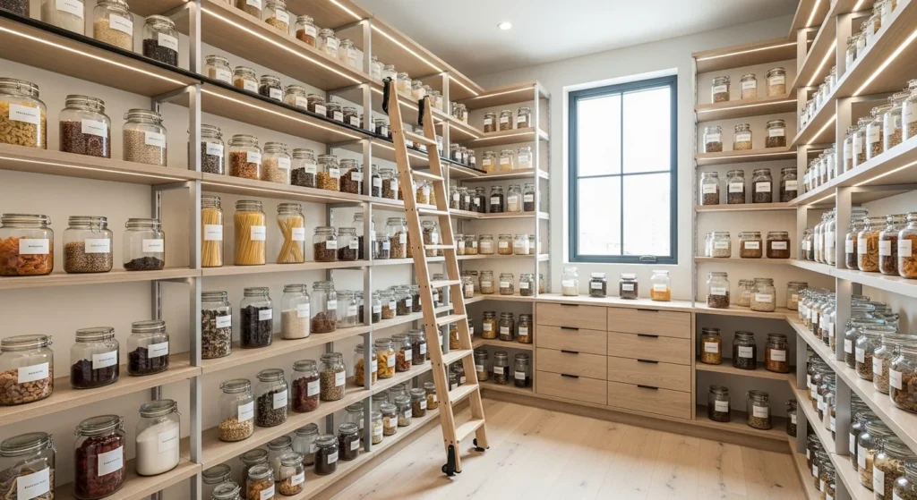 Walk-in pantry with floor-to-ceiling shelving maximizing vertical storage in a modern home