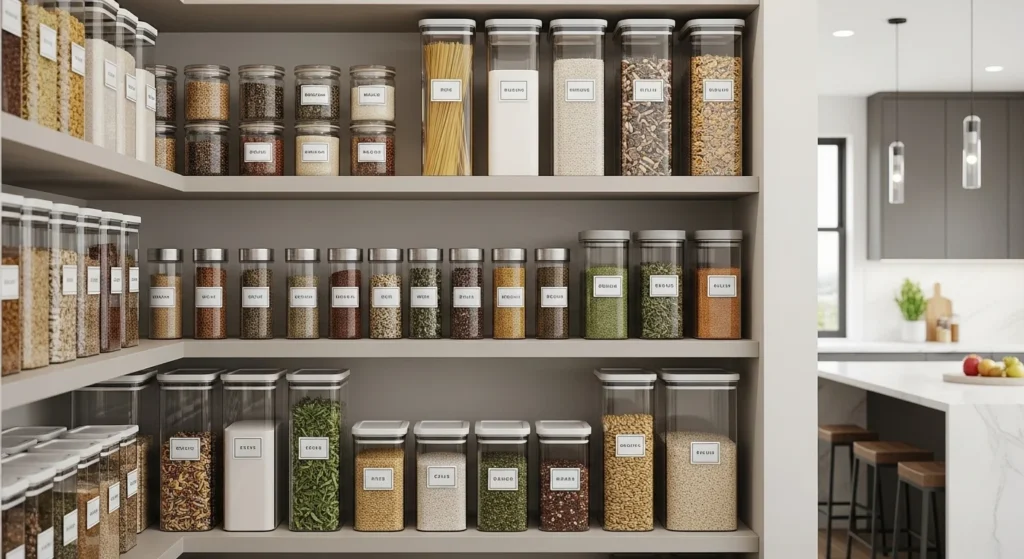 Pantry organized with clear containers and labeled jars creating a neat and uniform storage system