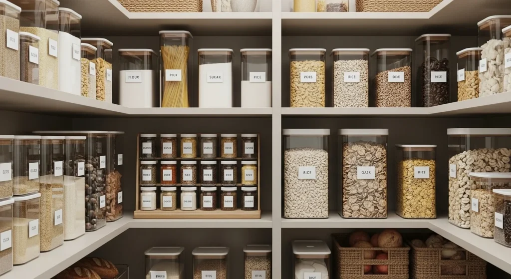 Kitchen food pantry organized with clear containers and uniform jars for a neat and modern look
