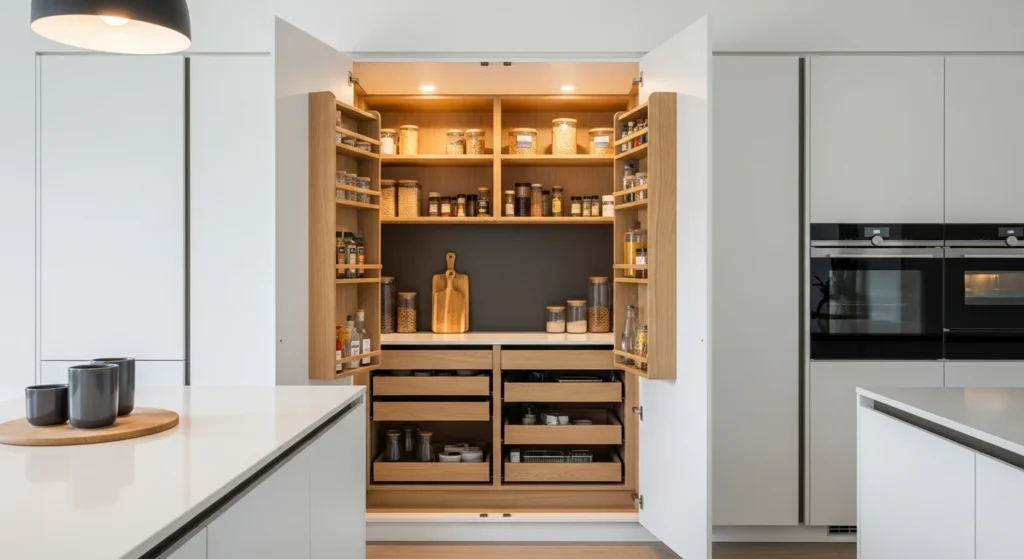 itchen pantry concealed behind matching cabinets for a clean and clutter-free kitchen look