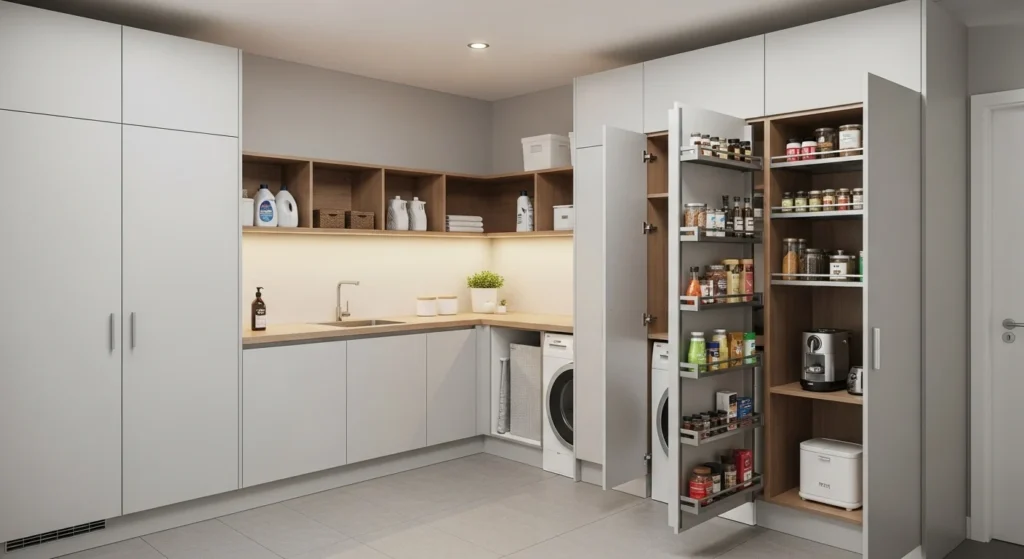 Laundry room with tall cabinets used as a pantry for hidden and organized food storage
