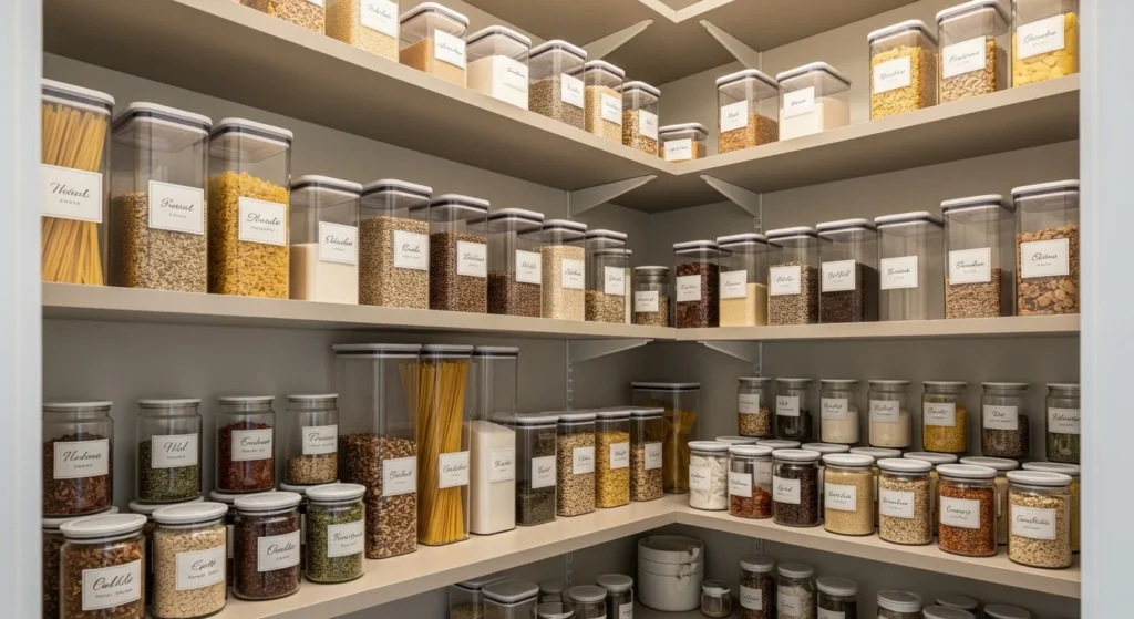Food storage pantry organized with clear containers and uniform jars for a neat modern look