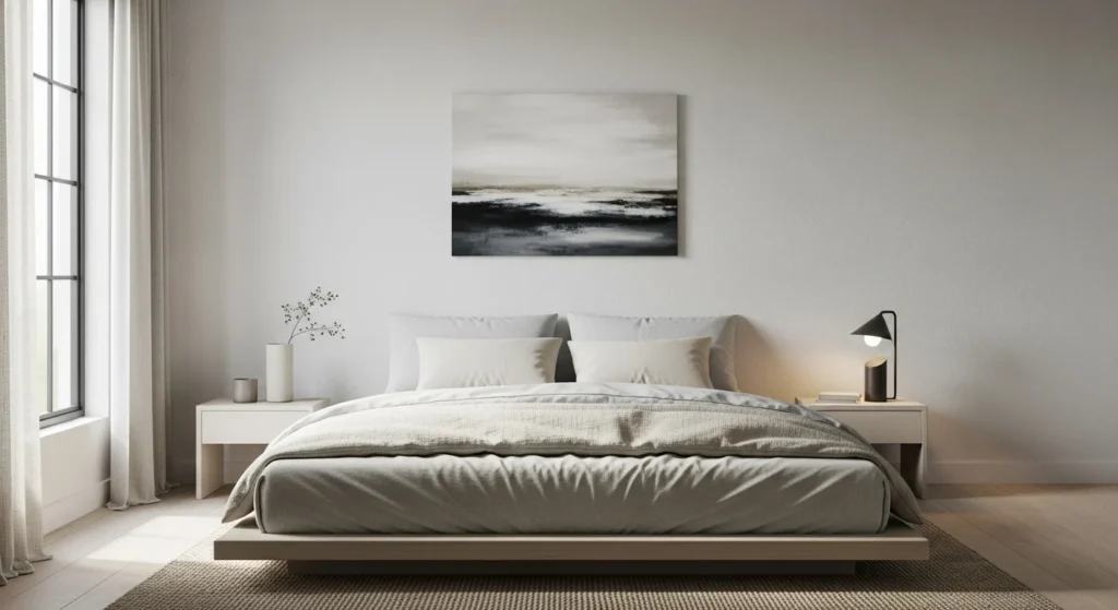 Low platform bed with neutral bedding creating a calm and modern 2026 bedroom look