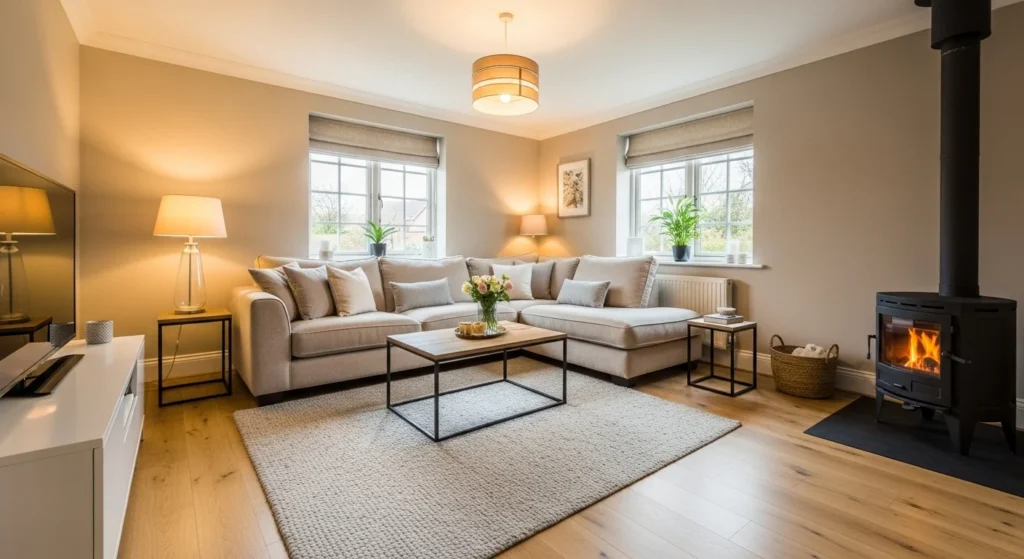 Parlor designed in warm neutral tones creating a cozy and inviting 2026 interior