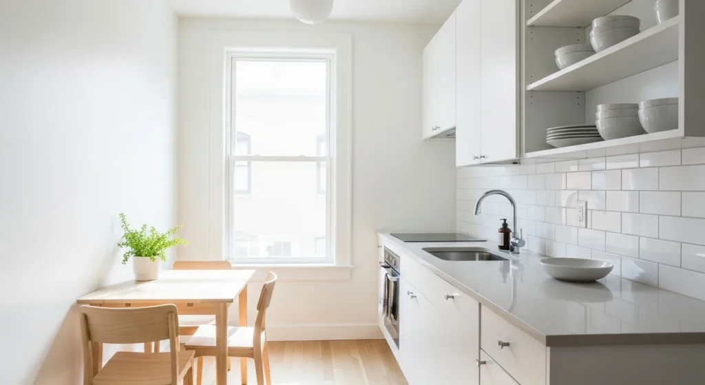 Small kitchen designed with light-colored cabinets, white walls, and bright natural daylight to maximize space