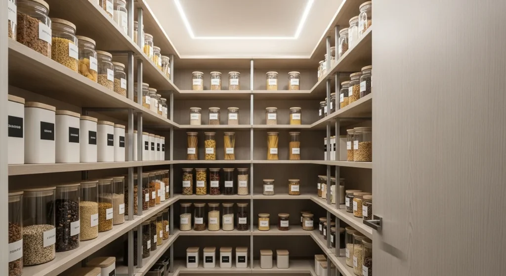 Narrow walk-in pantry with floor-to-ceiling shelving maximizing vertical storage space