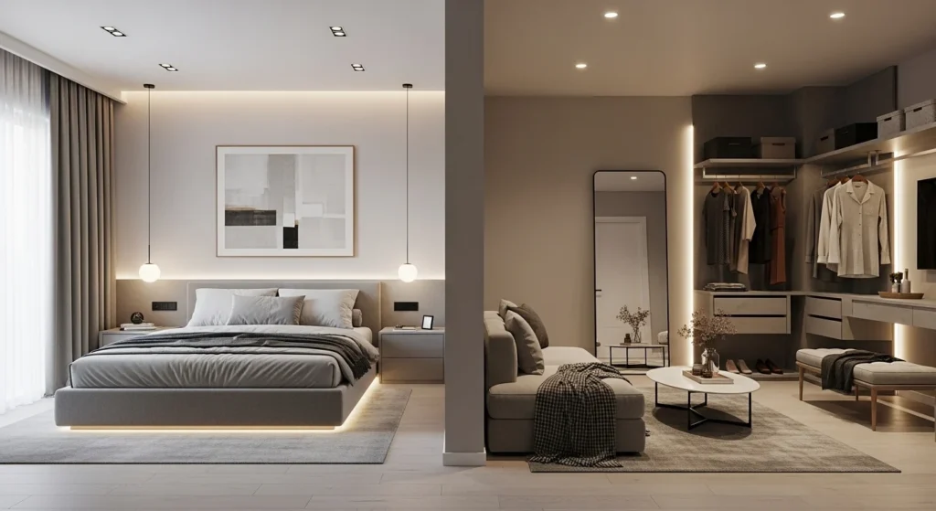 Bedroom layout with clearly defined sleeping, lounging, and dressing zones using modern design elements