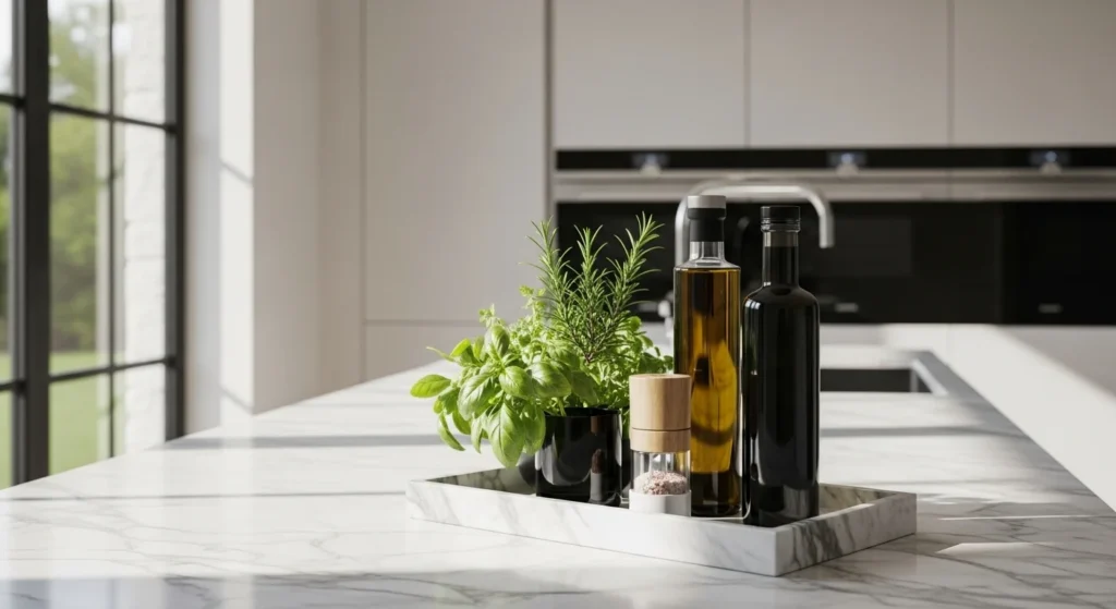 Kitchen counter styled with a natural stone tray holding everyday essentials