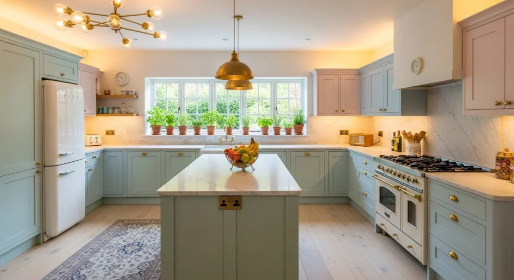 Soft pastel cabinets creating a vintage kitchen look with modern charm