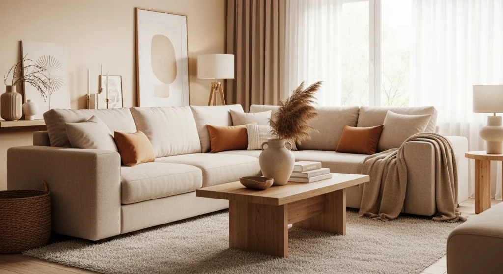 Living room styled with warm neutral colors and cozy decor