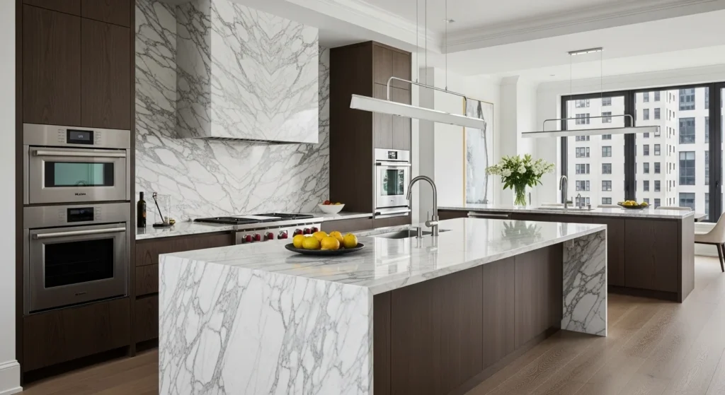 Luxury kitchen featuring marble island and backsplash