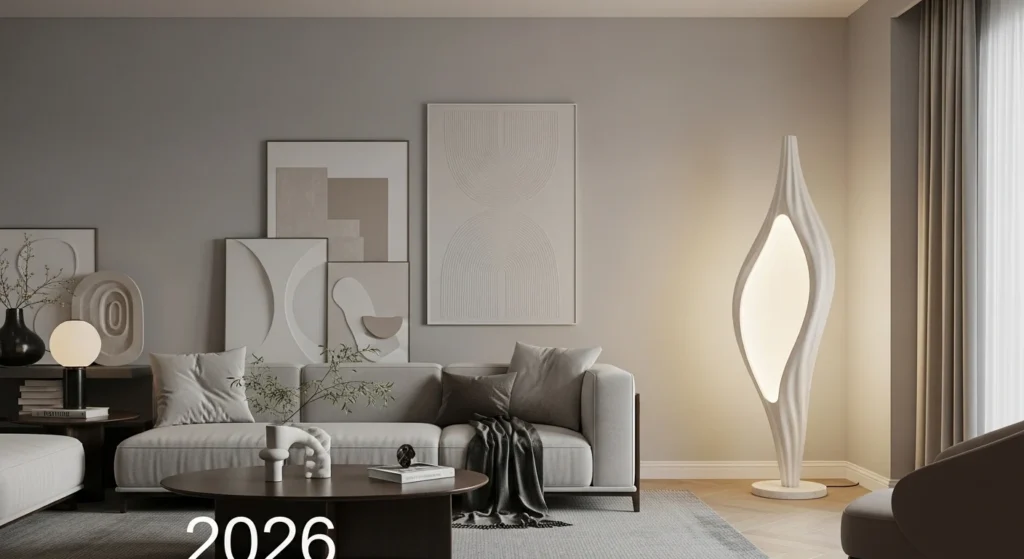 Modern living room featuring a sculptural statement floor lamp