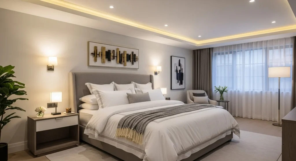 tel-inspired guest bedroom with layered white bedding, upholstered headboard, and soft ambient lighting