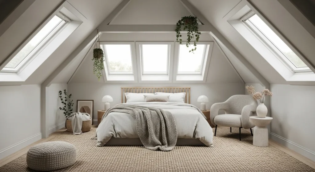 Attic bedroom with multiple skylights, light-colored walls, and cozy atmosphere