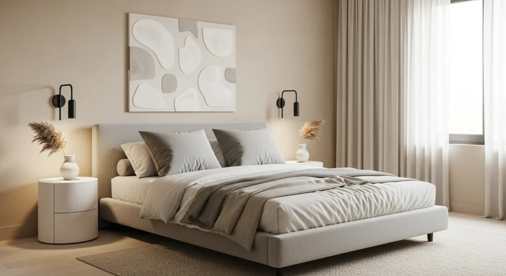 Minimalist bedroom in neutral tones with low-profile bed and soft textiles