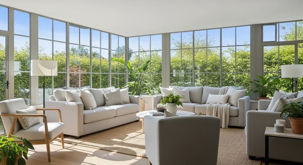 Sunroom designed with soft neutral colors and bright natural sunlight