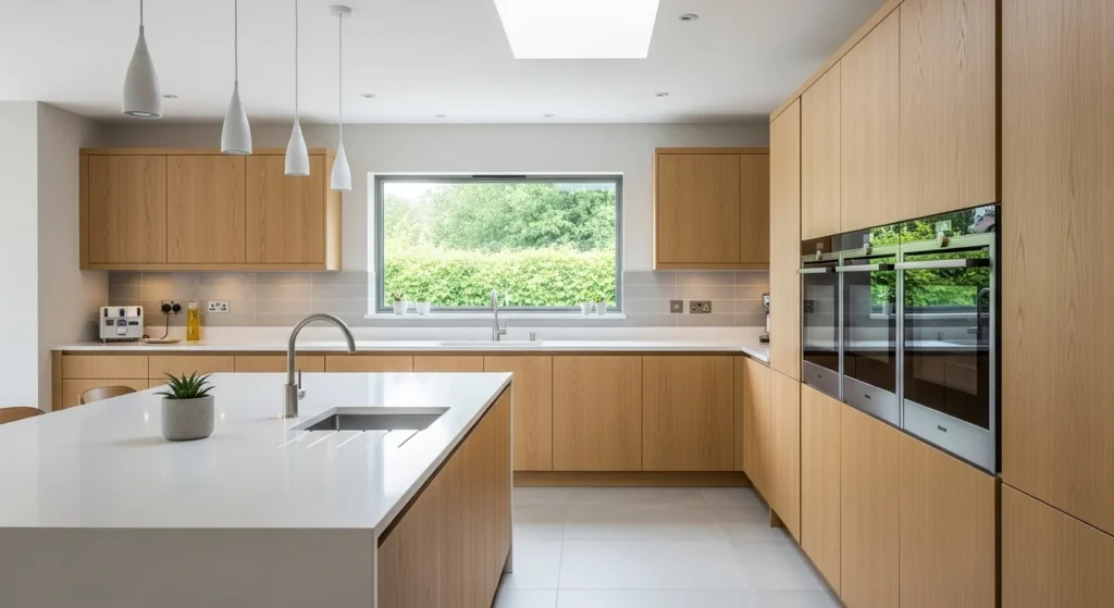 Light oak kitchen with minimal cabinetry and modern clean design