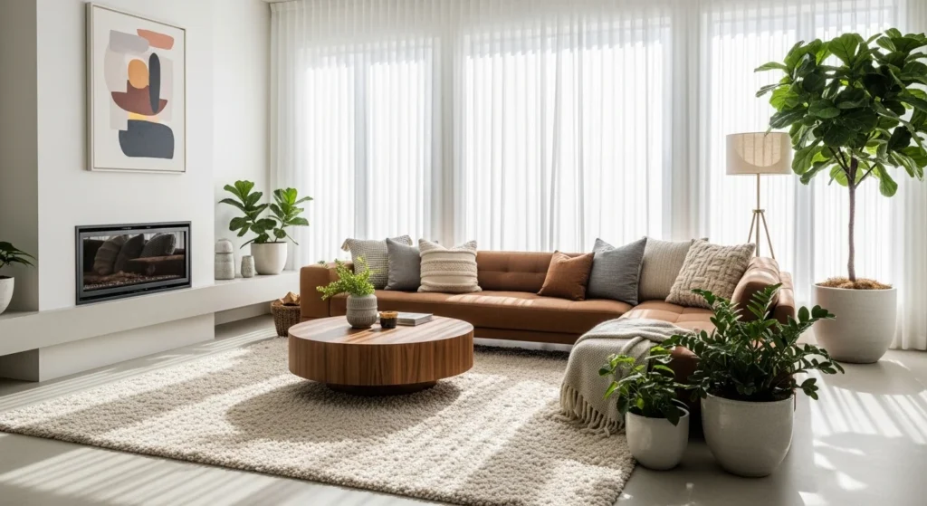 : Living room with sheer white curtains allowing soft natural light