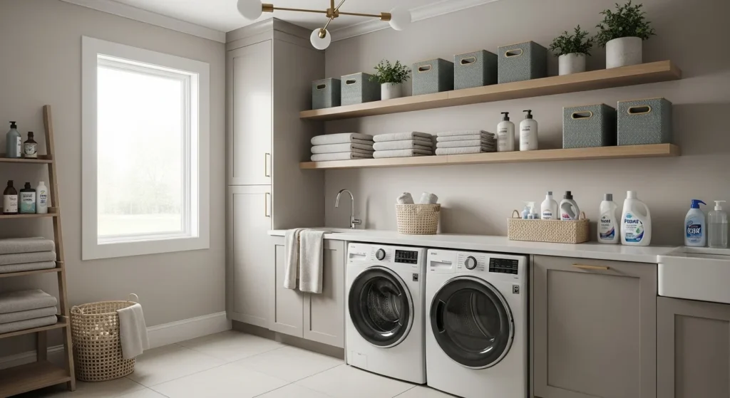 Laundry room with floating wall shelves for clean and modern storage